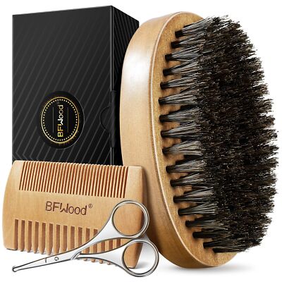 BFWood Beard Brush Beard Comb & Mustache Scissors Grooming Kit for Men - Natu...