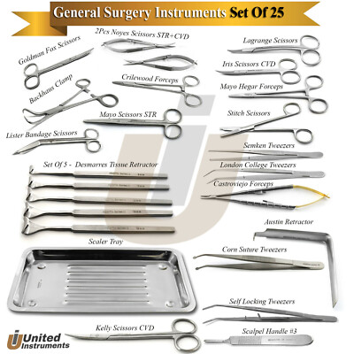 25 Pcs Minor General & Plastic Surgery Instruments Set Veterinary Dissection Kit