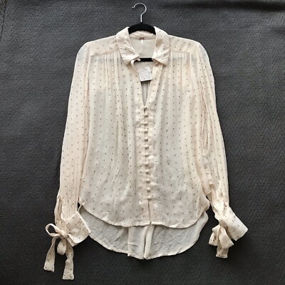 NWT Free People Ivory Metal Bead Studded Button Down Collar Blouse Boho Chic XS