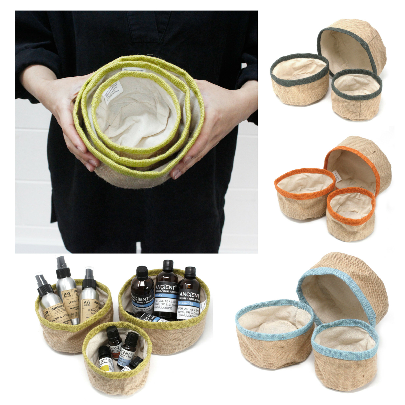 Set of 3 Natural Jute Baskets Eco-Friendly Indian Made Storage Basket