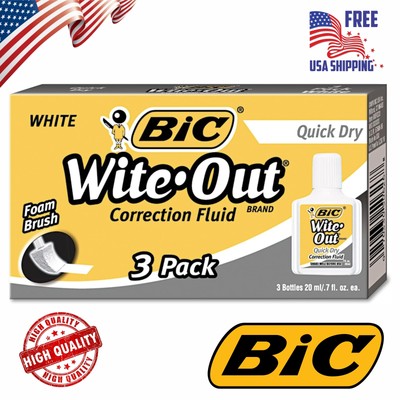 BIC Quick Dry Correction Fluid Wite-out Easy to Use (Pack of 3) 20ml with Brush