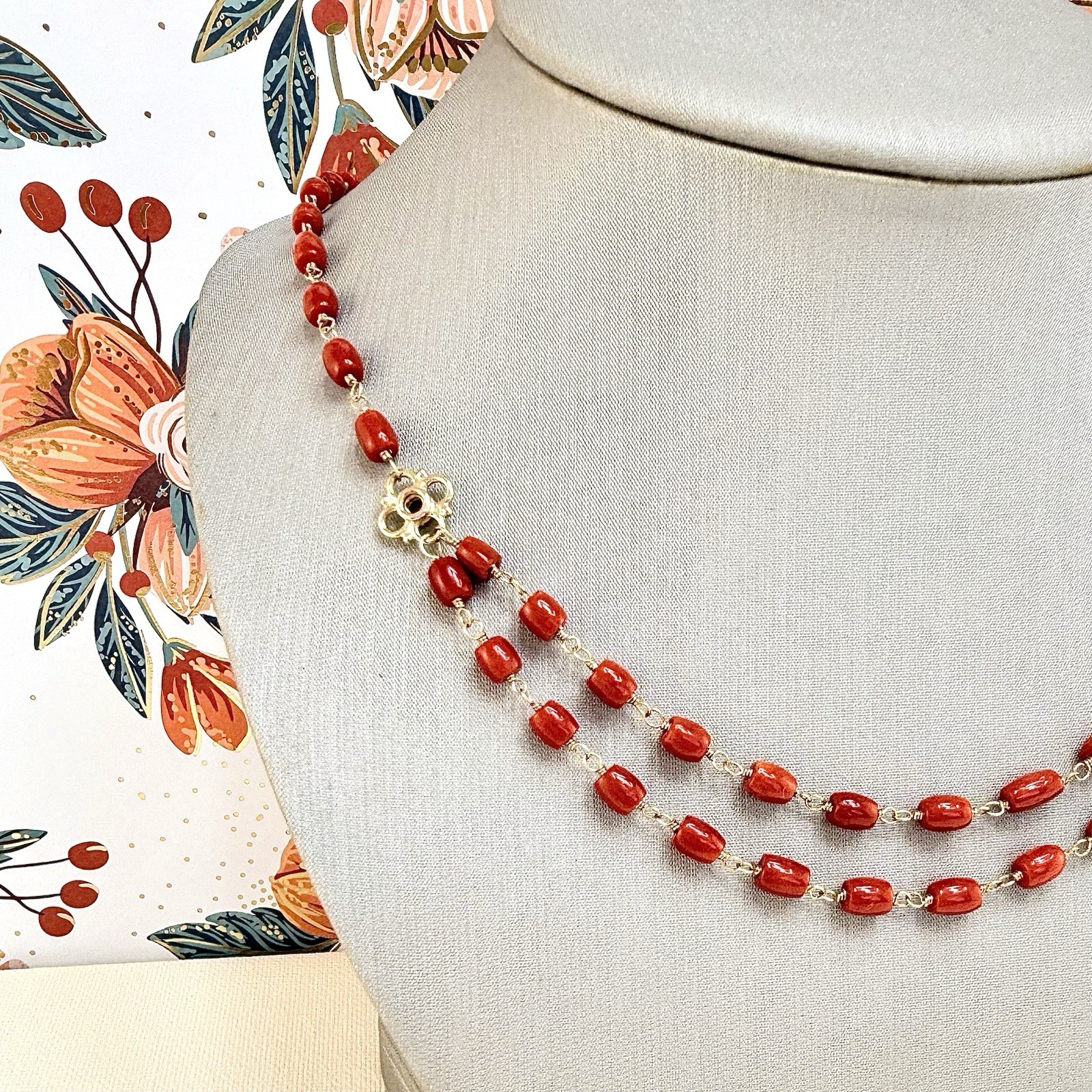 14k Yellow Gold Mediterranean Red Coral Handcrafted Necklace, 18.25-19.75