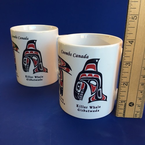 2 Coombs Canada White Pottery Coffee Mugs Whale Raven Salmon Eagle Native