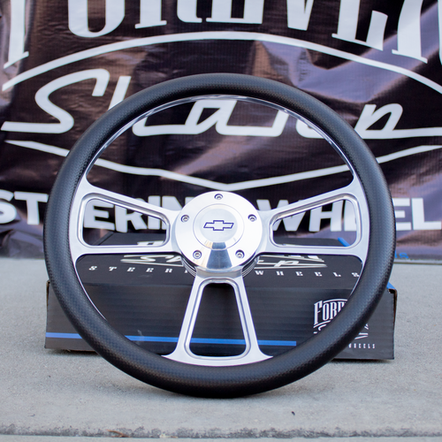 14" Billet Steering Wheel Chevy - Carbon Fiber Vinyl Wrap + Chevy Horn Button