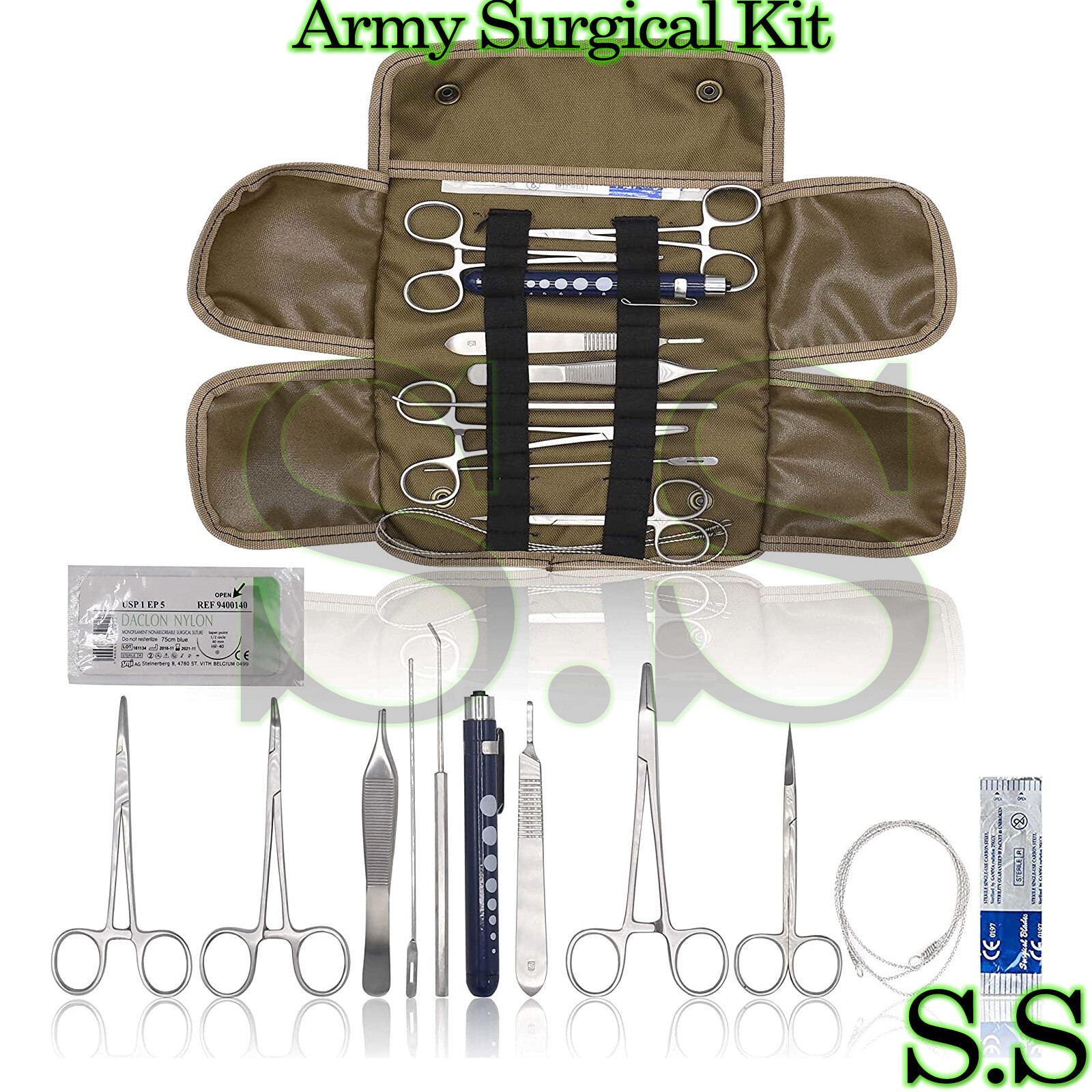 Army Surgical Kit Sutures, Scalpel, Hemostats Black Military