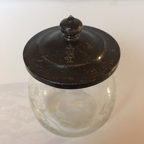 Vintage Etched Crystal Glass Condiment Jar Sterling Silver Top With Monogram D