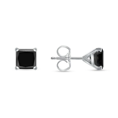 Pre-owned Shine Brite With A Diamond 2 Ct Princess Cut Black Earrings Studs Solid 14k White Gold Push Back Martini In White/colorless