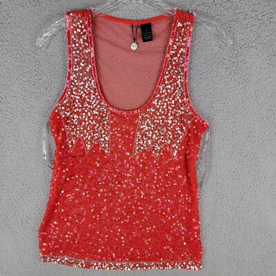 BKE Boutique Sheer Mesh Red Tank Top Sequins Size Small Women Bling