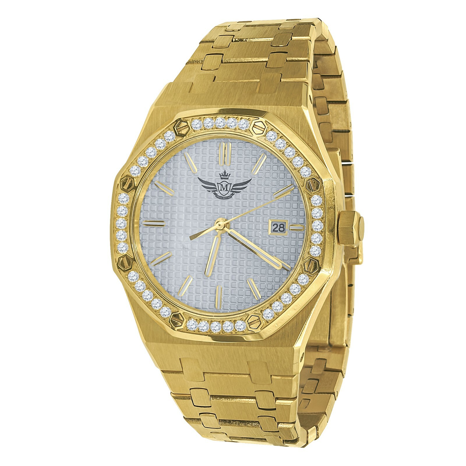 Pre-owned Bling Master Men's Full Steel Mop Dial 2 Tone Gold Finish W/date Simulated Diamond 42mm Watch