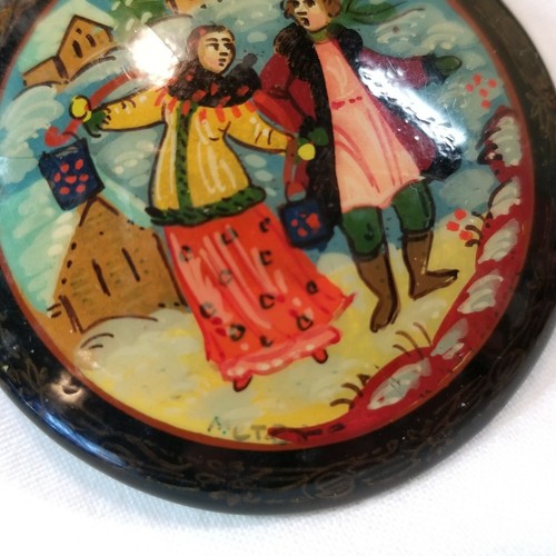 Russian Lacquer Brooch Pin Hand Painted Signed Folk Art Black Gold Vintage