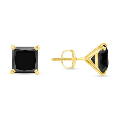 Pre-owned Shine Brite With A Diamond 2.5 Ct Princess Cut Black Earrings Studs Real 14k Yellow Gold Screw Back Martini