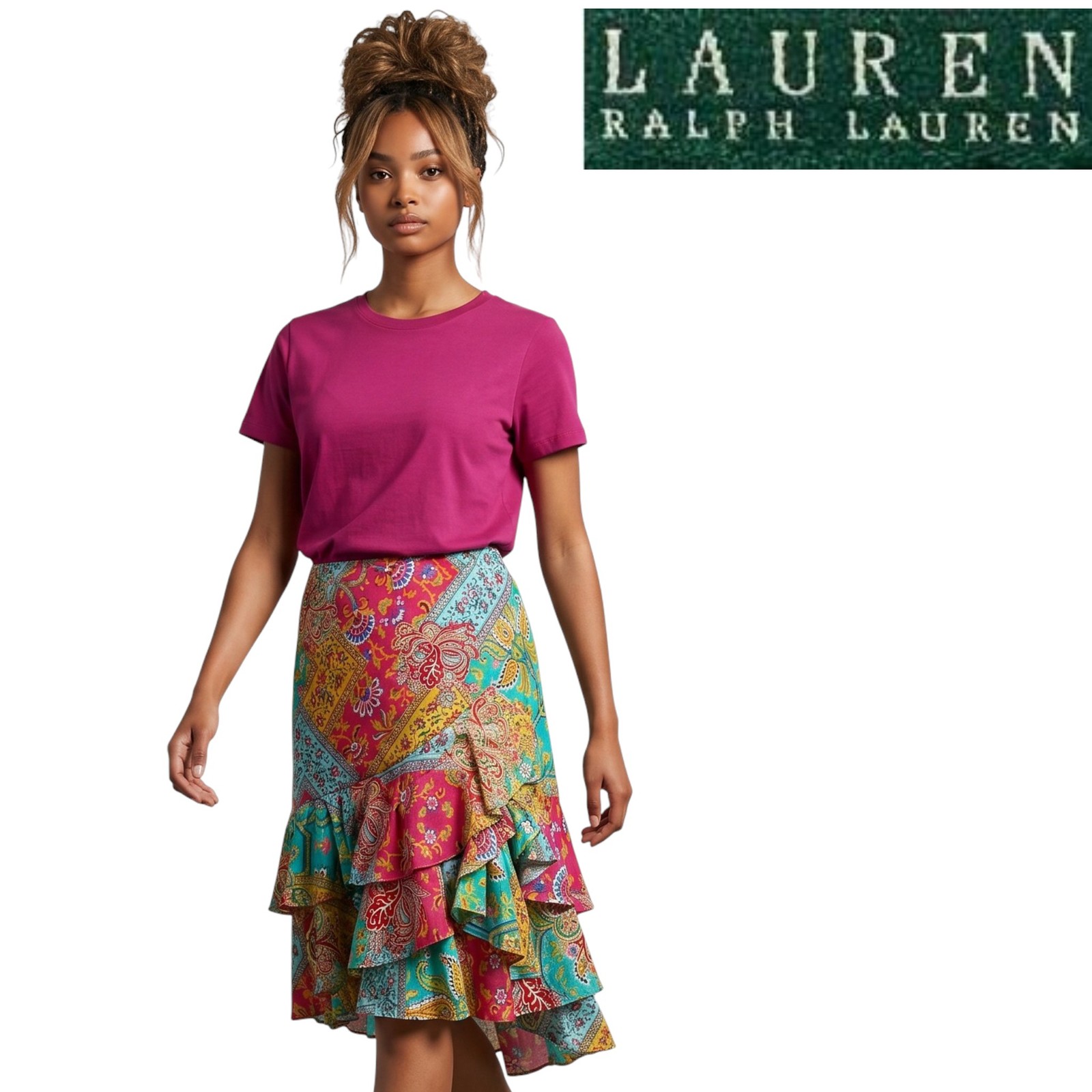 Lauren Ralph Lauren Skirt Patchwork Silk Chiffon Asymmetrical Ruffled Boho XL