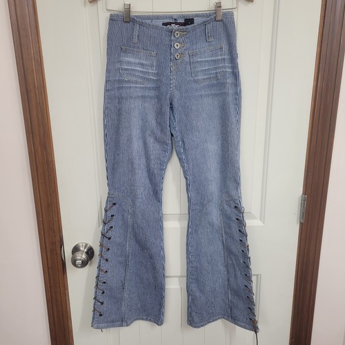 Vintage y2k Lazer Jeans pinstripe lace up flare pants front