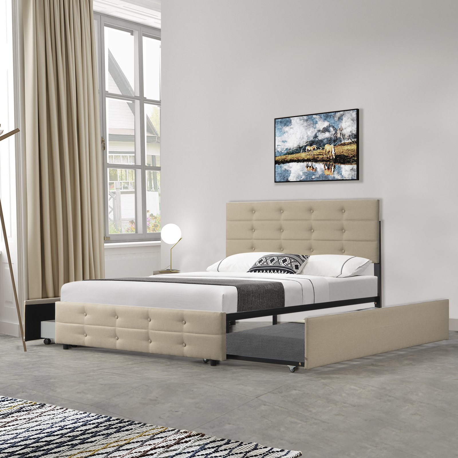 Queen Size Linen Fabric Bed Brame W/ Trundle Wood Slatted W/ Drawers Light Beige