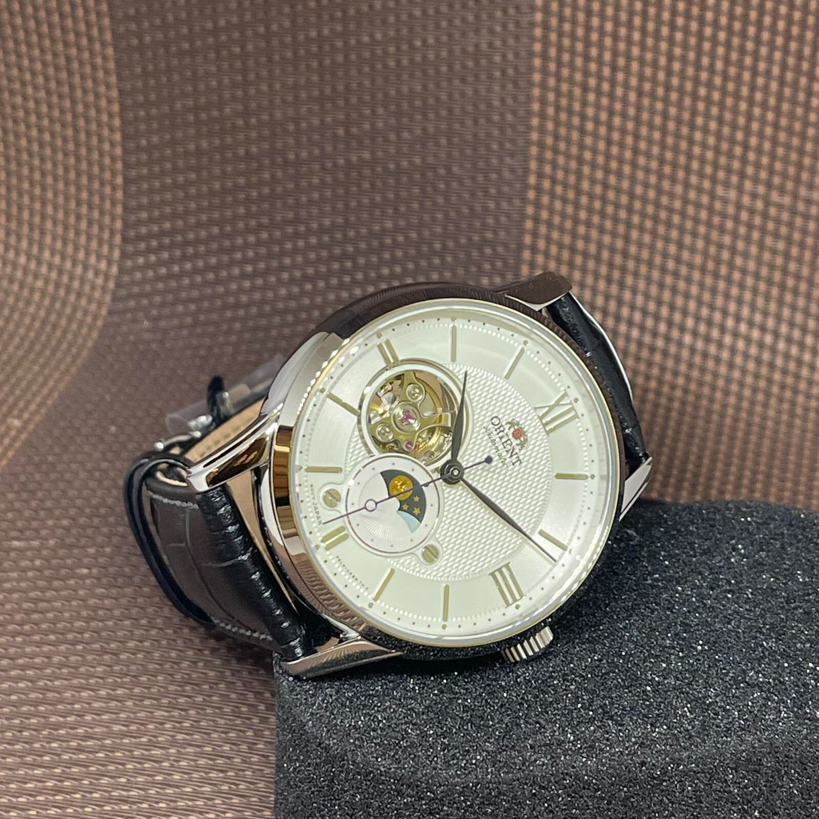 Pre-owned Orient Ra-as0011s10b Sun And Moon Open Heart Automatic Leather Strap Men Watch
