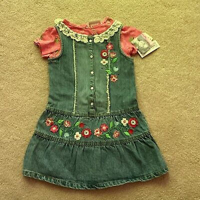 NWT FLAPDOODLES DENIM DECORATED DRESS, FLORAL ONE PIECE BENEATH, 5