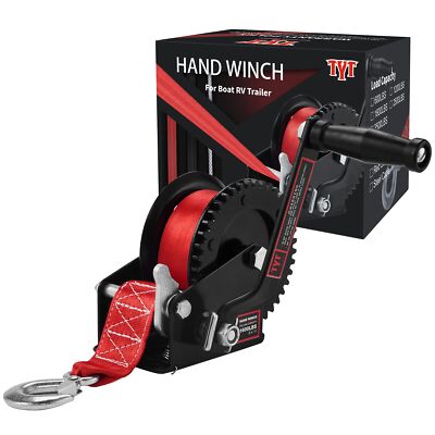 TYT 1600lb Boat Trailer Winch with 8M Red Strap, 2 Way Ratchet Hand Crank Strap