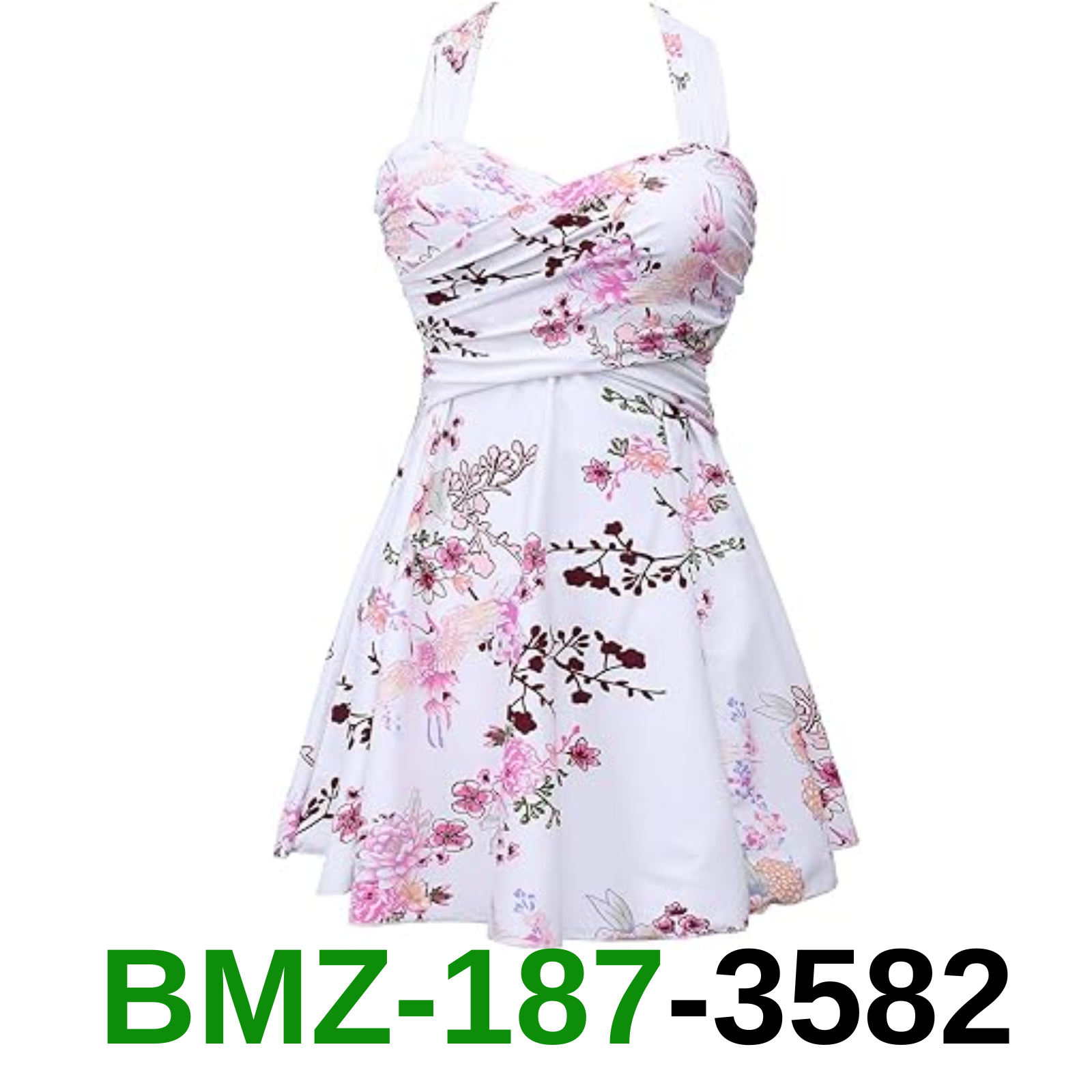 COCOPEAR Women's Elegant Crossover One Piece Swimdress Floral Skirted, L/8-10