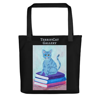 TERRIFICAT cat bag tote ORIGINAL DESIGN cat and books 15x15 INCH cat artist