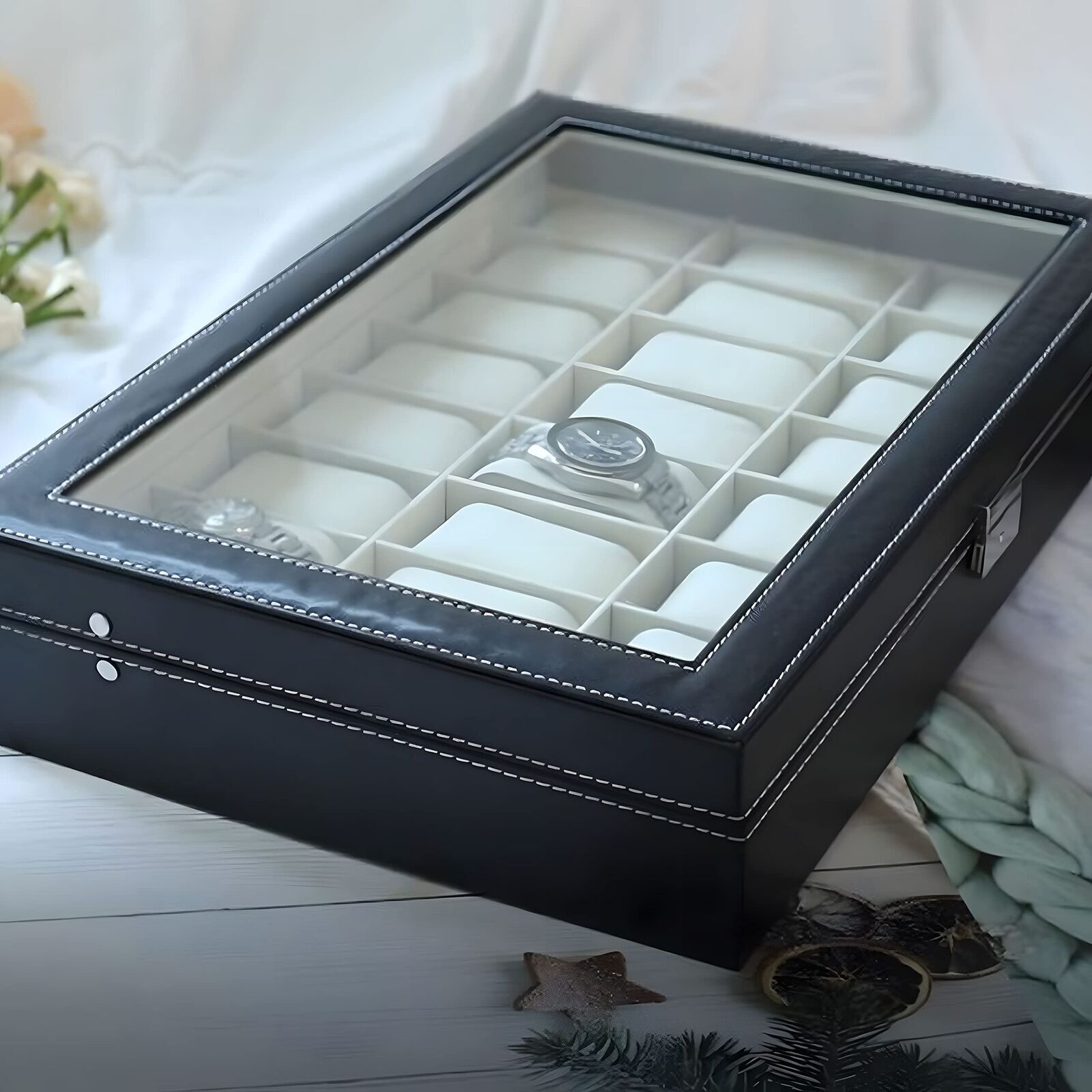 24 Slots Watch Box PU Leather Watch Case Organizer Watch Display Case Lockable