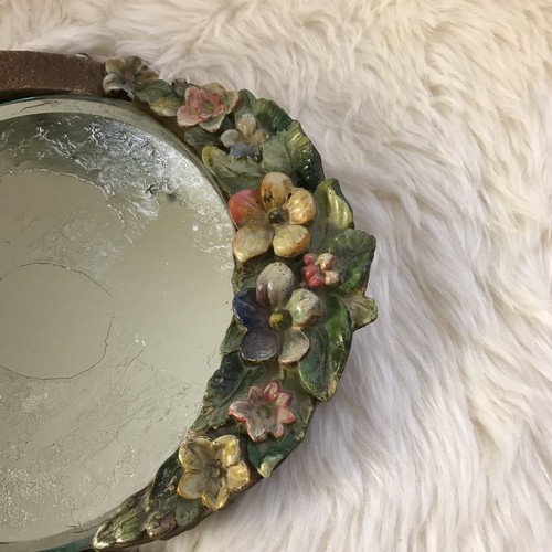 Antique Barbola Round Beveled Mirror on Stand Gesso Flowers Table Top c.1930s