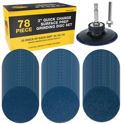 Dura-Gold 3" 78 Pc Quick Change Surface Prep Grinding Disc Set, 36, 60, 80 Grit