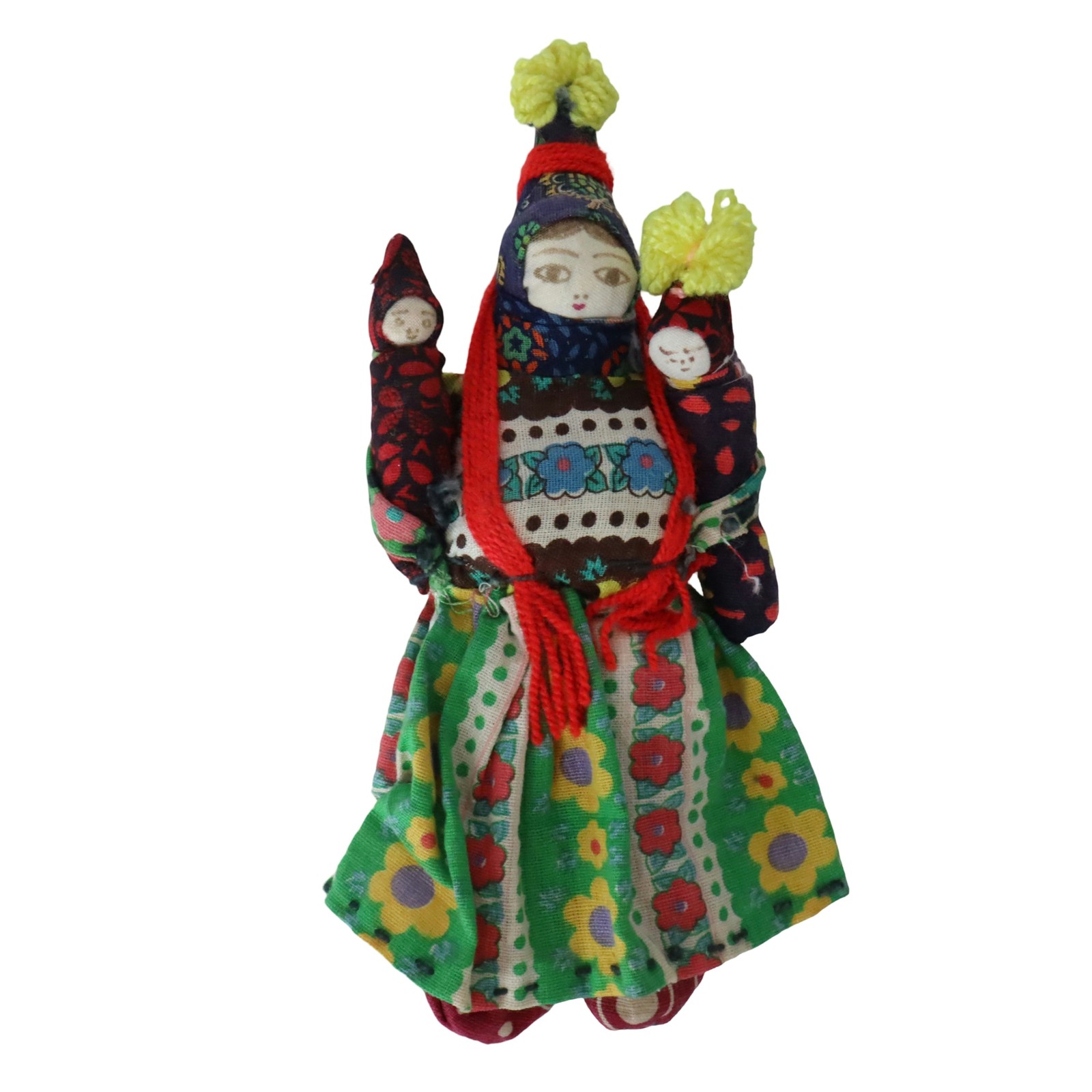 Vintage Turkish Soganli Folk Art Fabric Doll Mother Two Babies 7.5