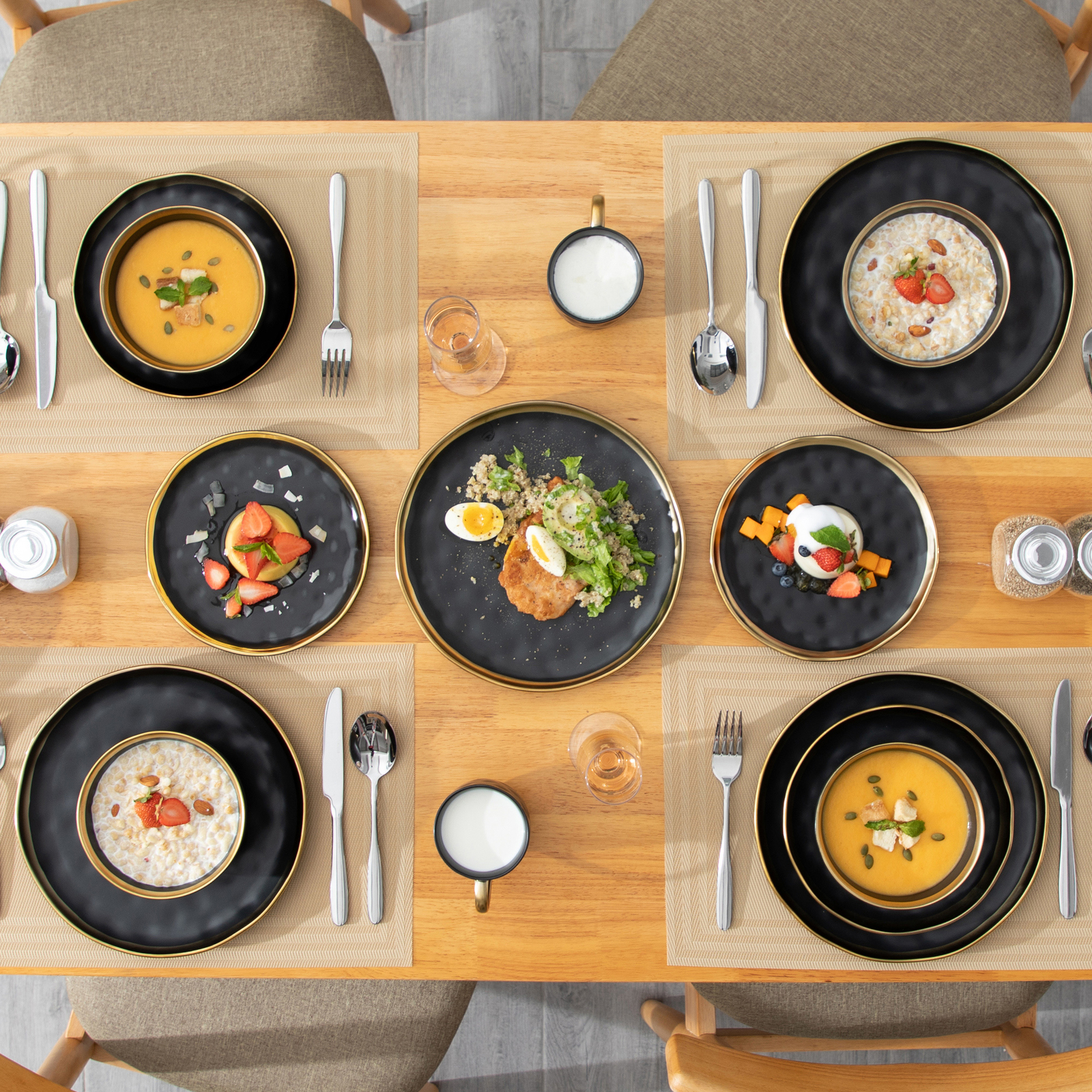 LOVECASA 16-Piece Black Dinnerware Set Stoneware Bowls Mugs Plates Service for 4