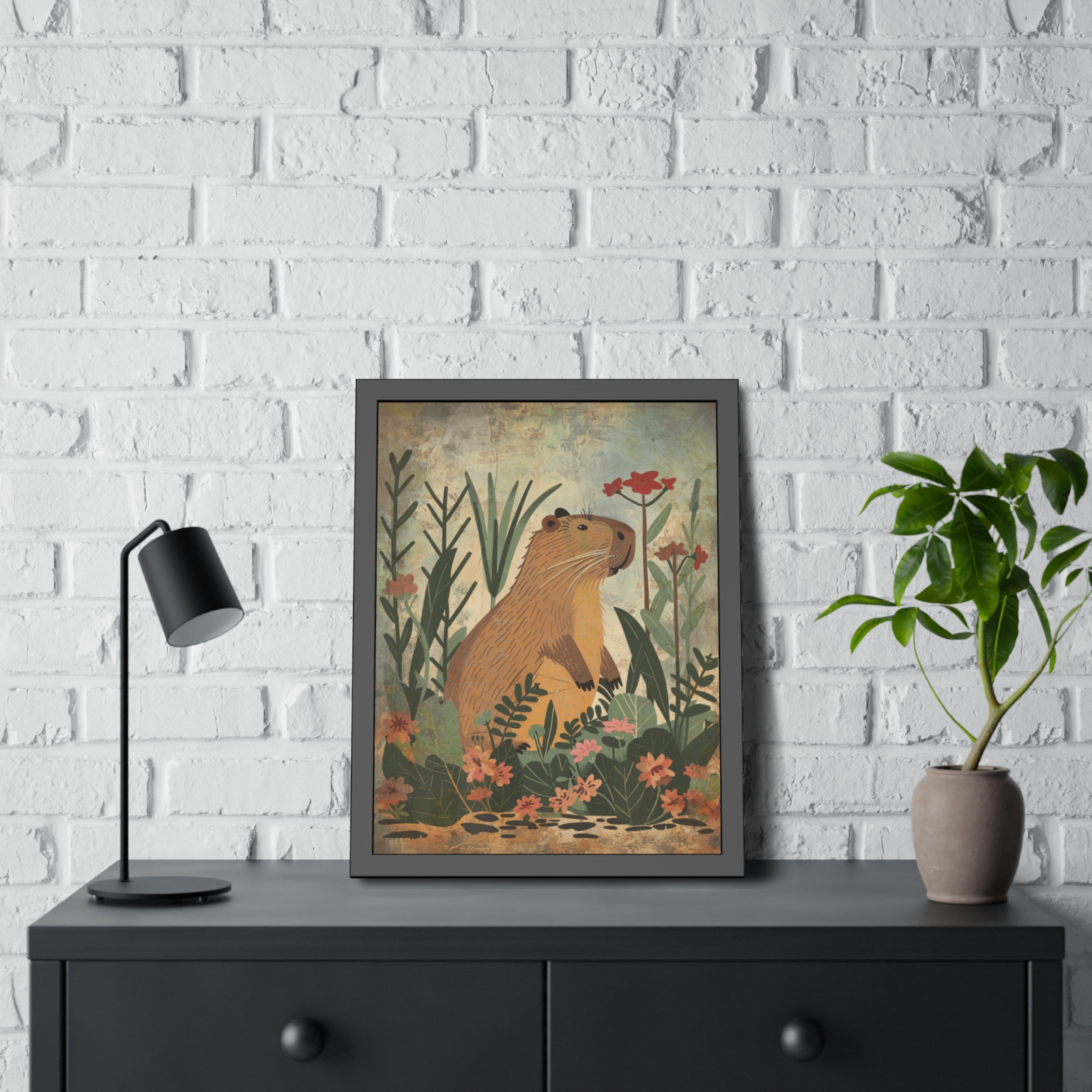 Retro CAPYBARA FLOWER Wall Art, Botanical Floral Wildlife Rodent Nature Poster