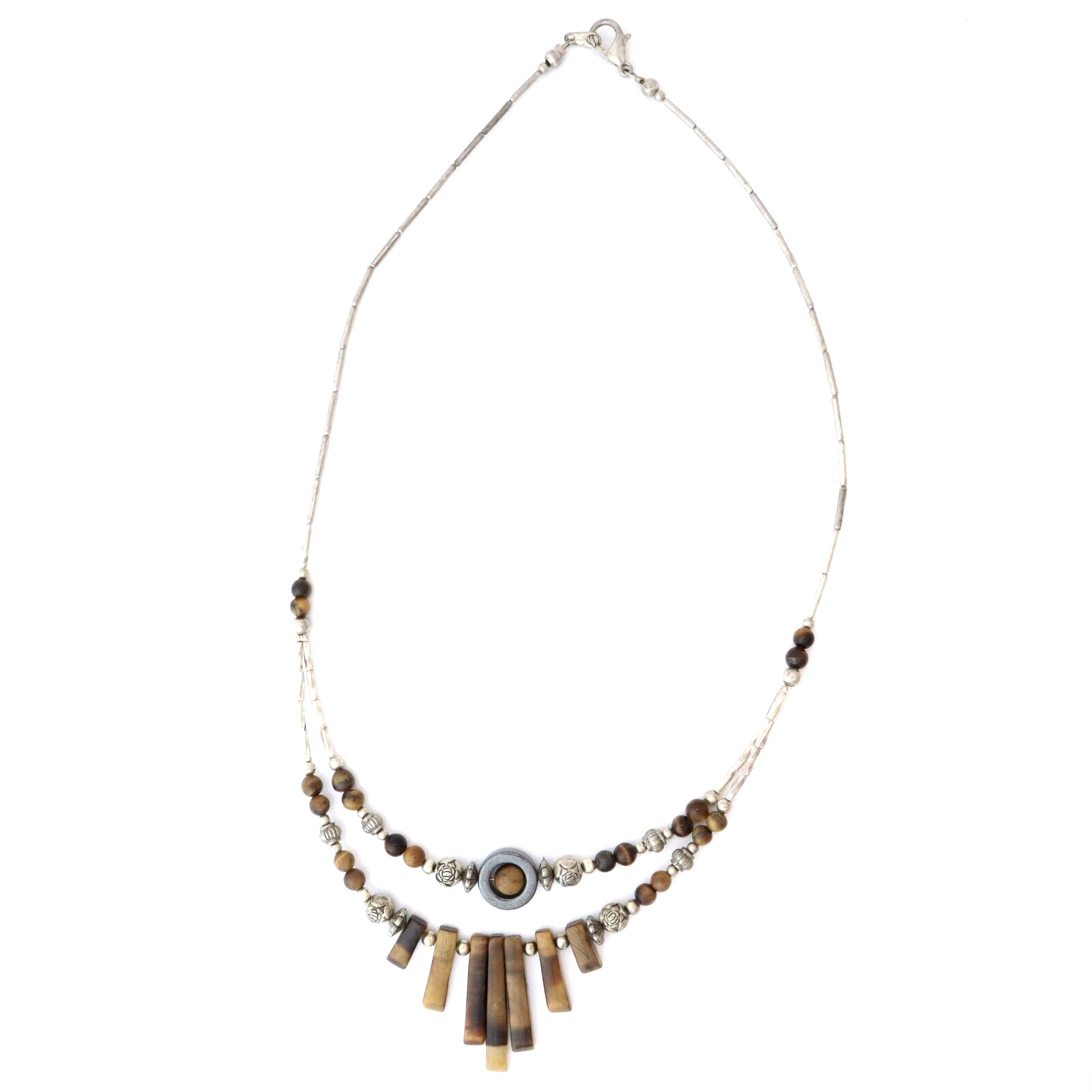 925 Sterling Silver Vintage Tigers Eye Double Strand Beaded Statement Necklace