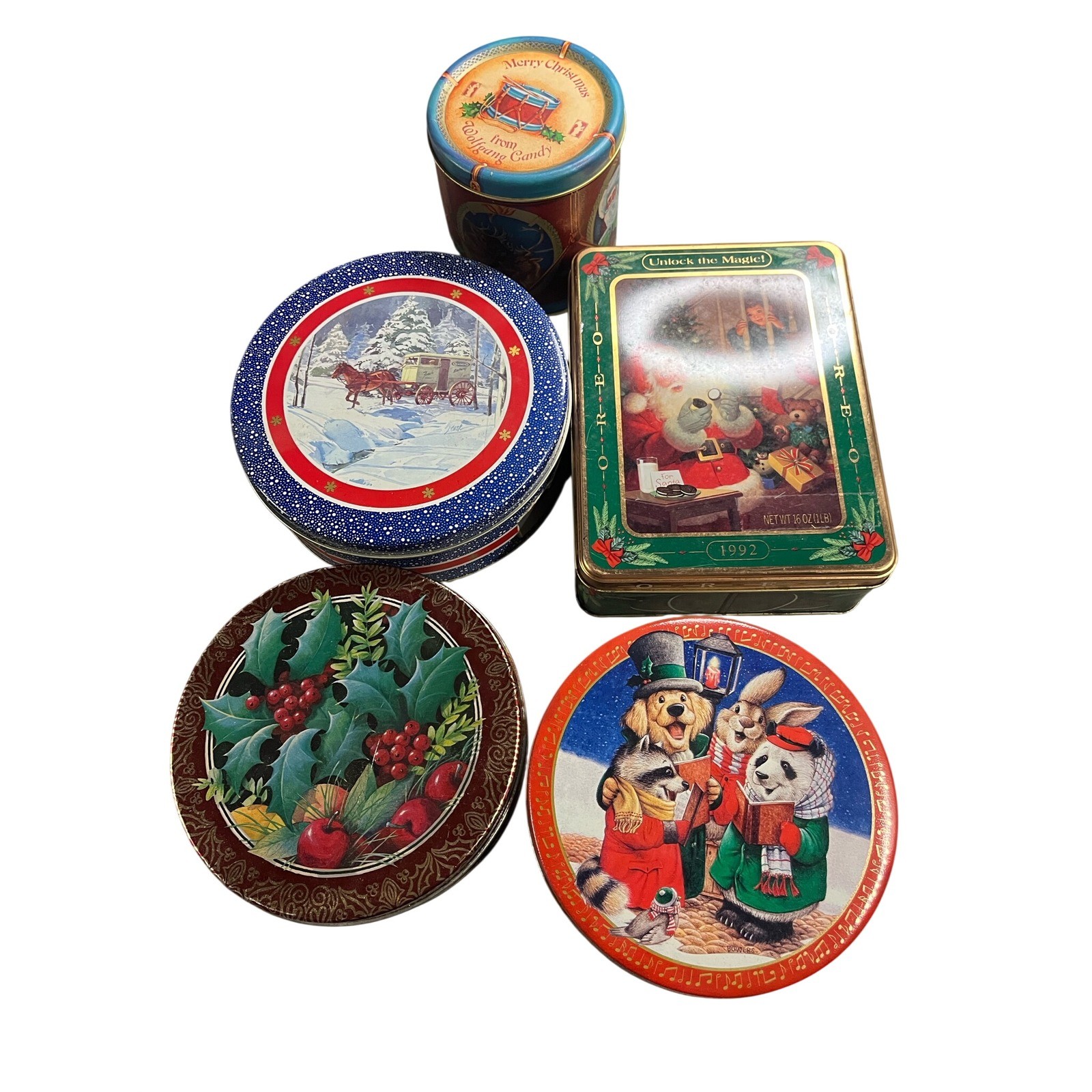Vintage Christmas Tins Lot Santa Claus Snow Scene Animals Collectible Storage