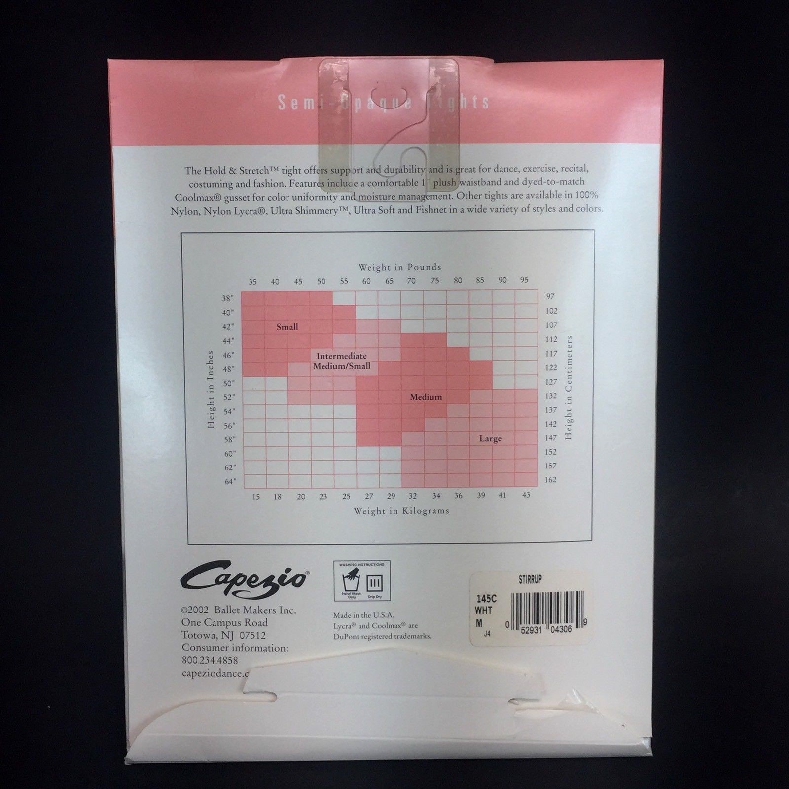 Capezio Hold & Stretch Stirrup Tight White Size Medium 60-85lbs 44-58
