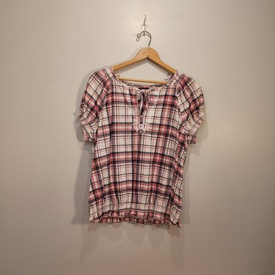 Tommy Hilfiger XL Essential Colorful & Comfy Fall Plaid Blouse Unique Embroidery