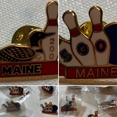 Lot 9 Bowling Pinbacks Buttons Maine Themed 5 - Loon 200 & 4 - Maine 500 NEW