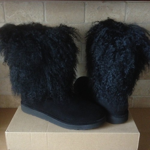 Pre-owned Ugg Lida Mongolian Sheepskin Cuff Black Suede Classic Short Boots Size 7 Womens