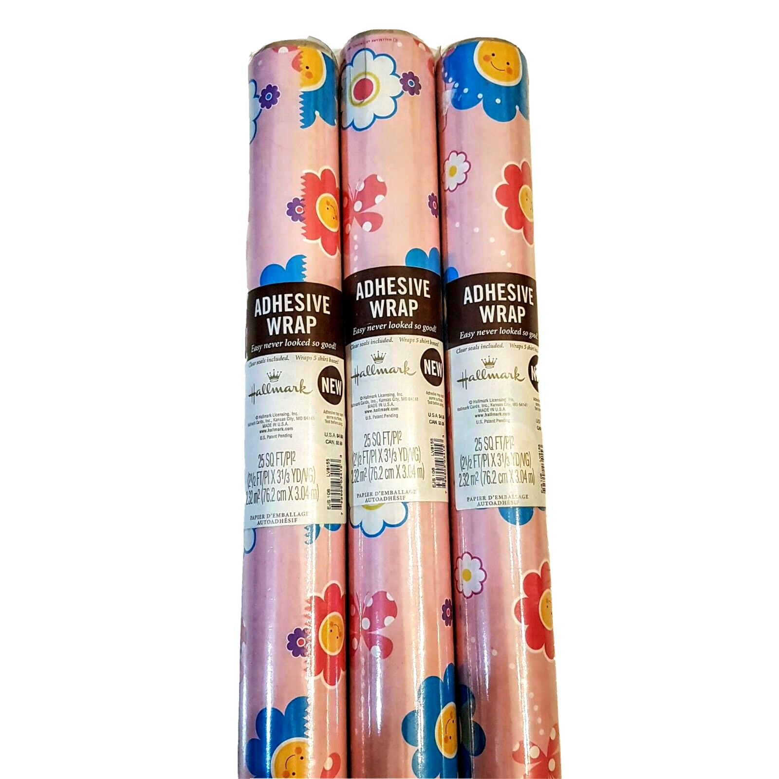 NEW Hallmark Adhesive Gift Wrap LOT of 3 Rolls 75 sq ft total Wrapping Paper