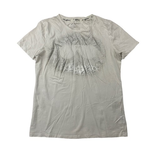 Karl Lagerfield Paris White Crew Neck Sunglasses T-Shirt Silver Graphic S/S Sz S