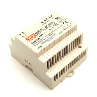 Mean Well DR-60-24 Power Supply, Input: 100-240VAC 1.8A, Output: 24VDC 2.5A