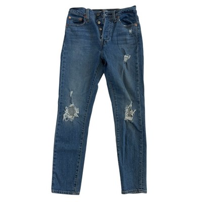 Levis Wedgie Skinny Denim Blue Jeans Sz 26 Distressed Ripped Knee Button Fly
