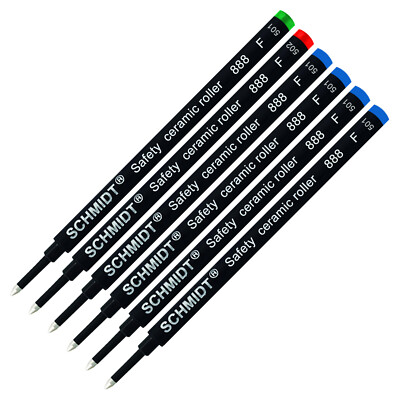6X Schmidt 888 F Safety Ceramic Rollerball Refill Green/Red/Blue Ink Fine Tip
