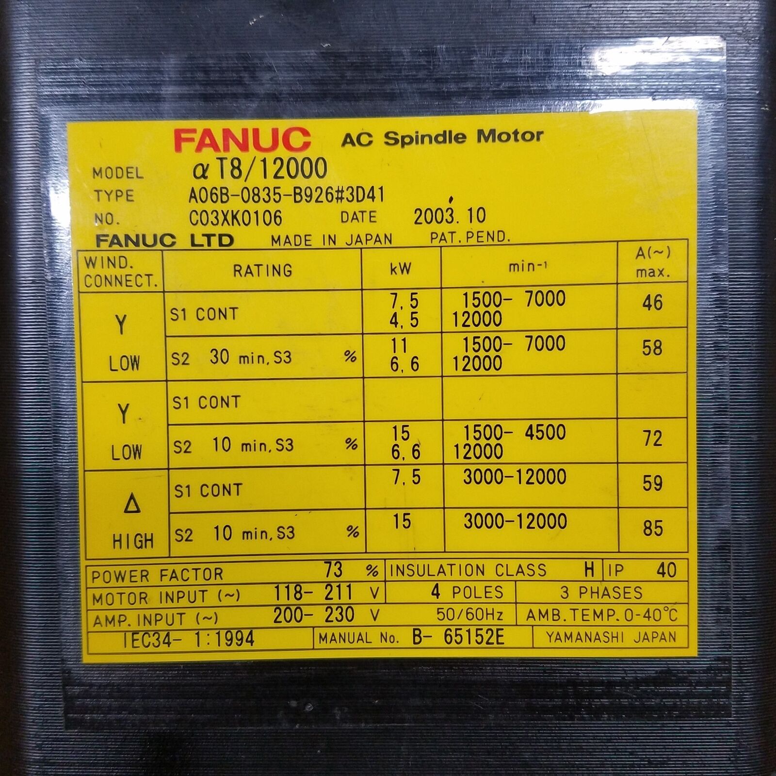 Free Tax Fanuc A06B-0835-B926#3D41 AC Spindle Motor, Model