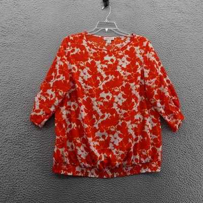 Coldwater Creek Floral Crepe Chiffon Tunic Top XL Orange White Women 3/4 Sleeve