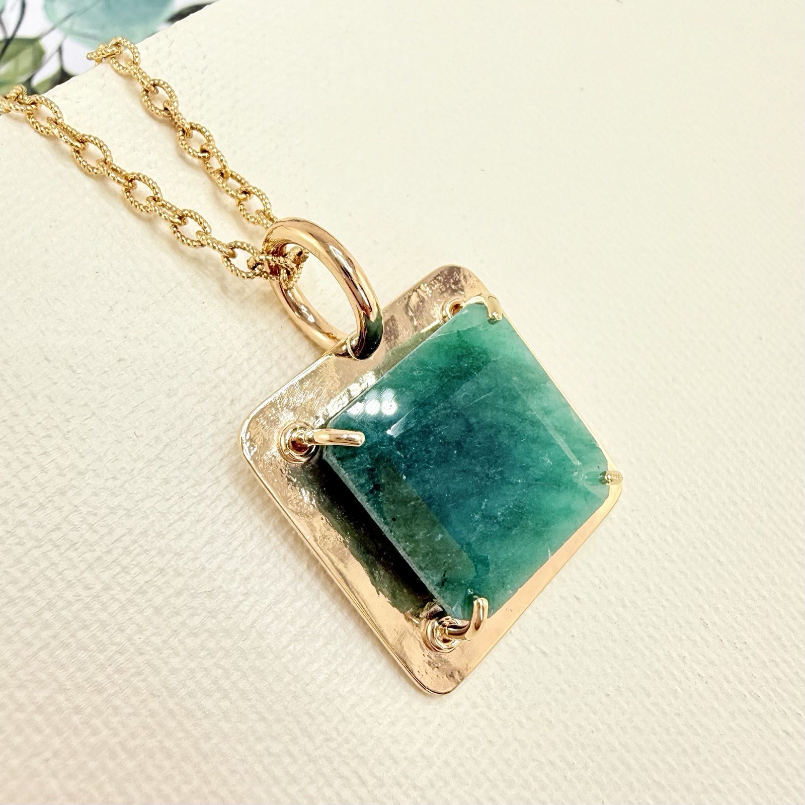 14k Yellow Gold Genuine Emerald Modernist Unisex Pendant, Newly Handcrafted - Picture 1 of 10