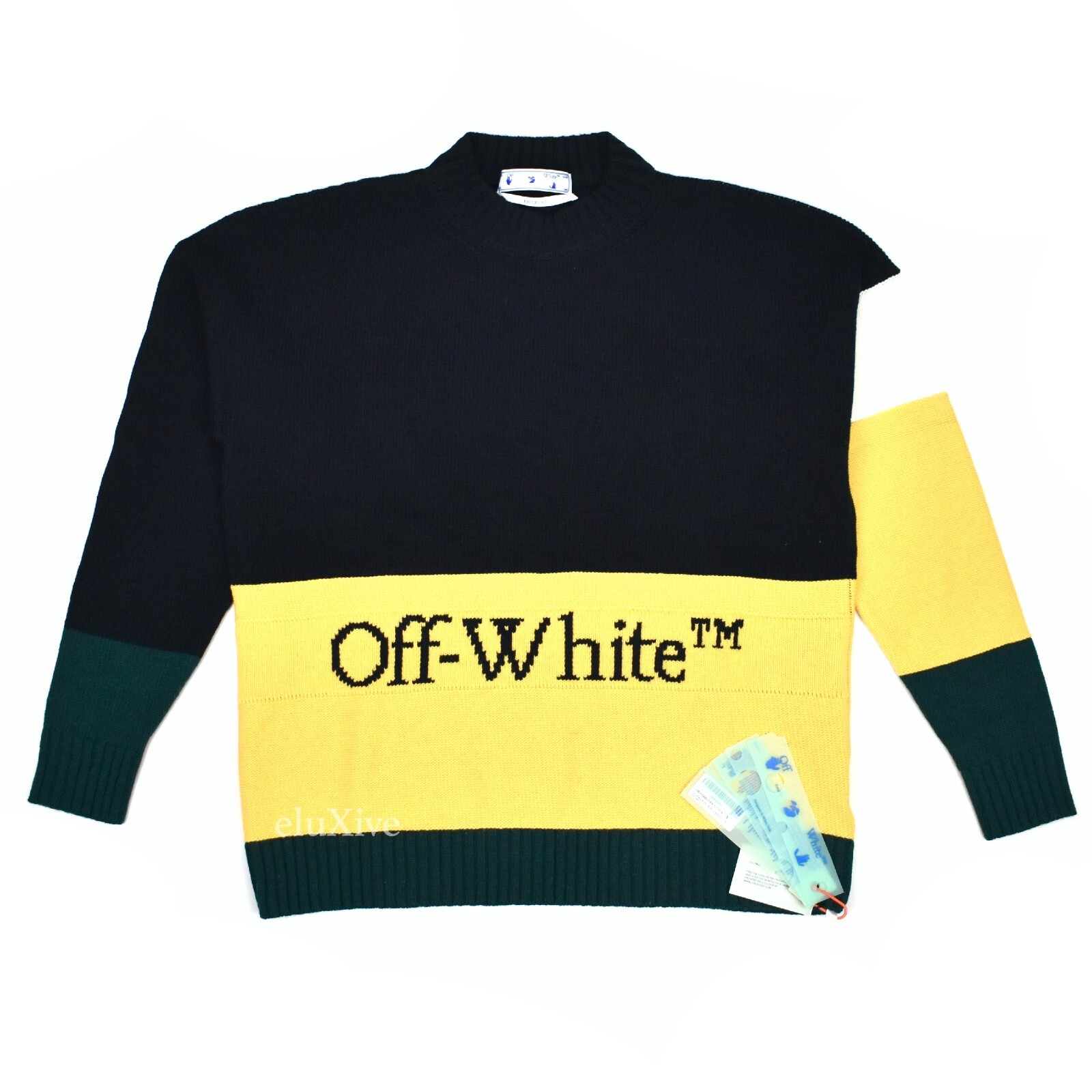 Pre-owned Off-white $850  Color Block Logo Knit Sweater Black Yellow Mens S Authentic In Ivory