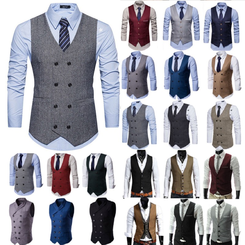 Man Casual Formal Suit Vest Herringbone Tweed Business Party Tuxedo Waistcoats