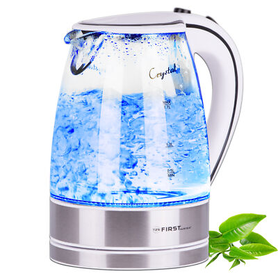 2200W Glas Edelstahl Wasserkocher 1,7 Liter kabellos Kalkfilter blaue LED, weiss