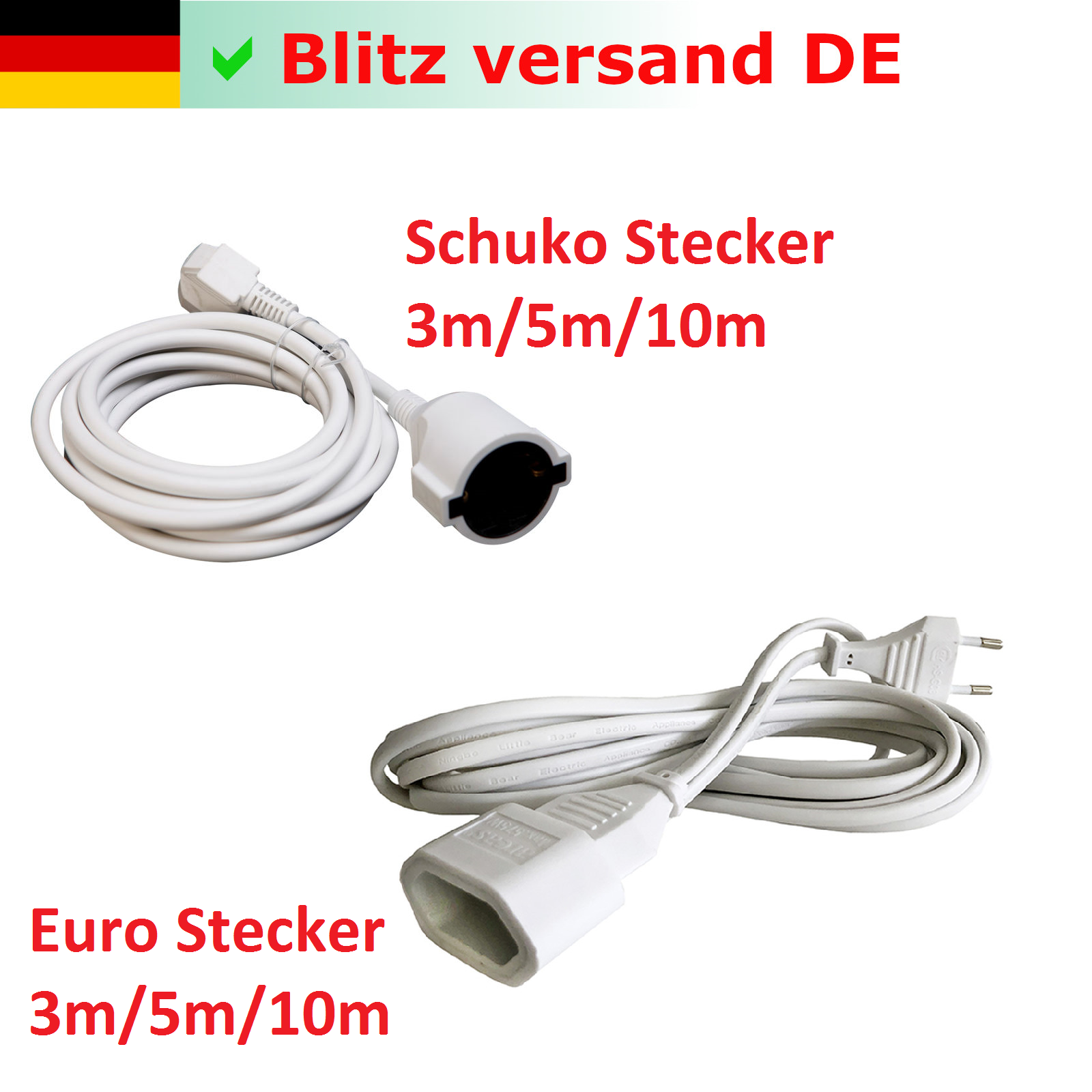 Verlängerungskabel 3 5 10 m Stromkabel Kabel Euro Schuko Stecker Außen Innen