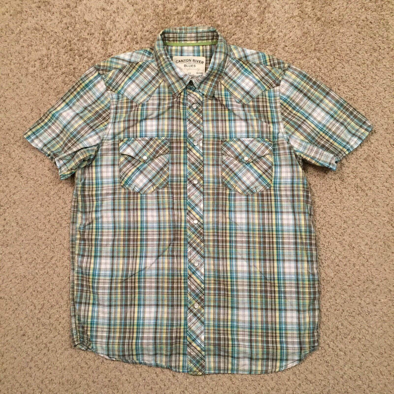 Canyon River Blues Shirt Mens Large Green Plaid Short Sleeve Snap Classic Fit Canyon River Blues Shirt Mens Large Green Plaid Short Sleeve Snap Classic Fit