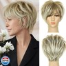 QUEENTAS Pixie Short Blonde Wig with Bangs Pixie Cut Wig Blonde with Dark Roots Synthetic Hair Wigs for White Women (Ombre Brown Blonde)