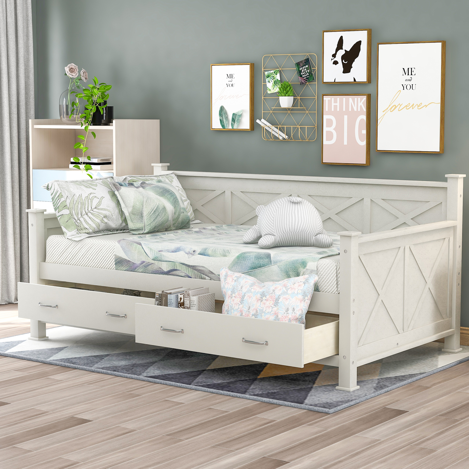 With 2 Large Drawers,rustic Casual Daybed Cream White
